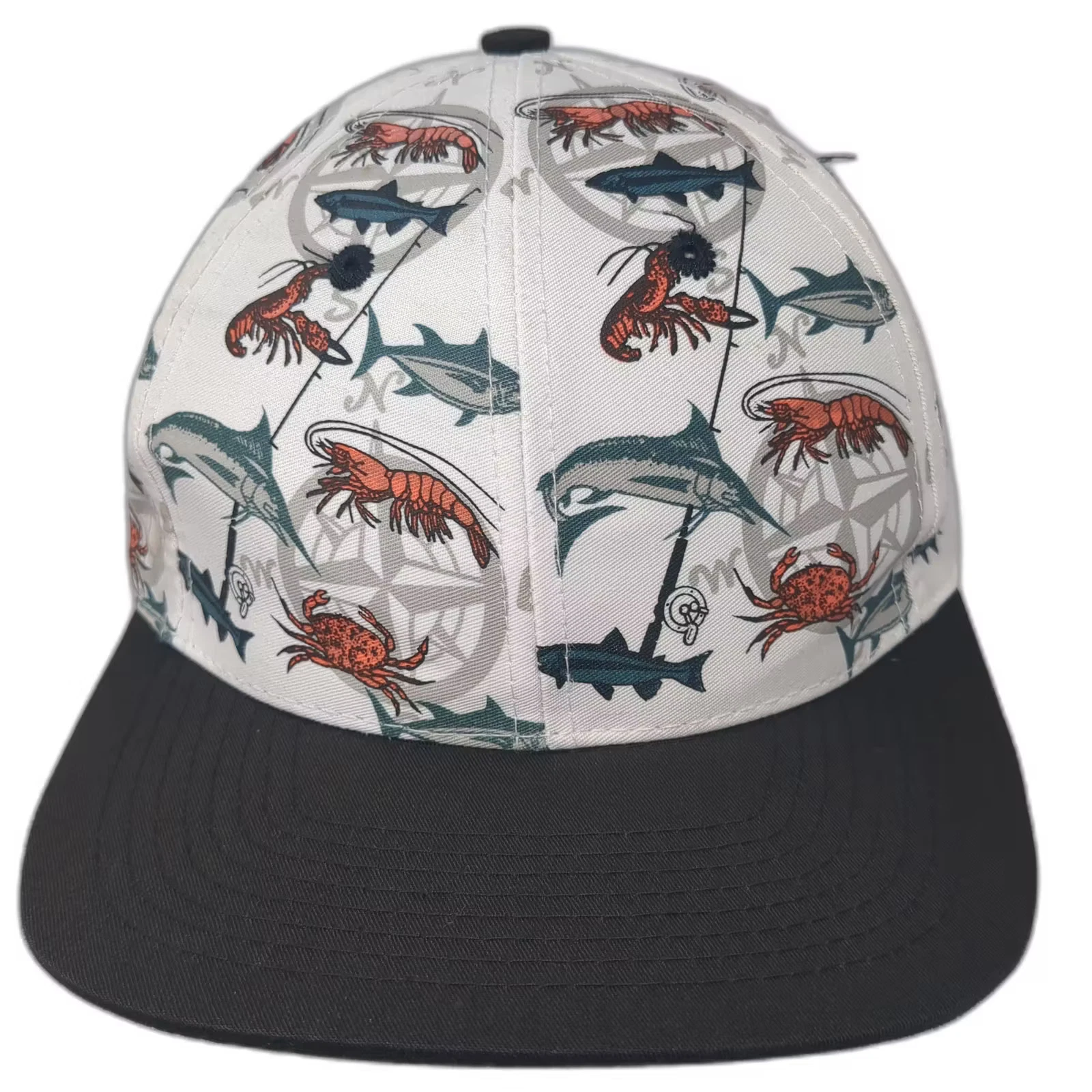 Attractive Headwear Snapback Hat White Black OS Sea Life All Over Print Fish