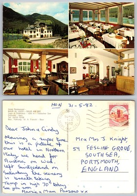 c22812 Hotel Baur al Lago di Toblach BZ Bozen Italien Postkarte 1982 Stempel