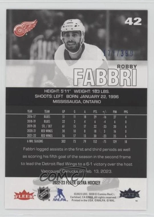 2022-23 Upper Deck Fleer Ultra Blue Foil /399 Robby Fabbri #42 - Image 2 of 2