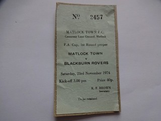 1974/75 FA Cup 1st Round Matlock Town v Blackburn Rovers Ticket Stub