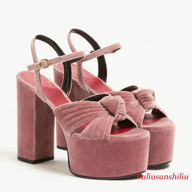 Women High Chunky Heel Platform Open Toe Sandals Velvet Dress Party Sandals