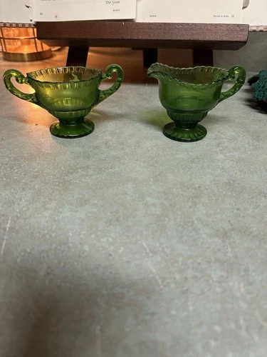 VTG 1940's Green Depression Glass Mini Creamer and Sugar Leaf Design at Handles
