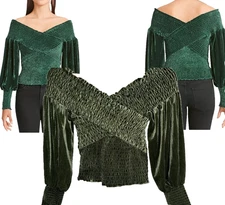 BB Dakota Velvet Cake Smocked Off The Shoulder Blouson Sleeve Top Women's Sz S