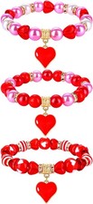 3PCS Valentine?s Day Bracelets Red Heart Charms Bracelets for Women Crystal Pe