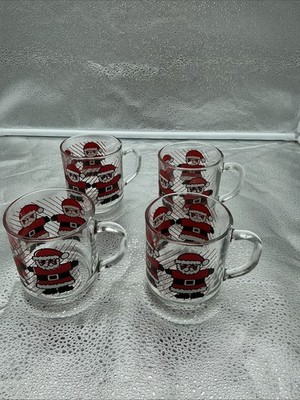 Vintage Set of 4 Luminarc Clear Glass Santa Mugs