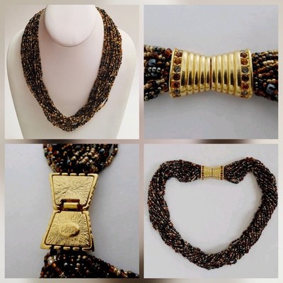Signed Joan Rivers Multi Strand Bead Rhinestone Bow Tie Clasp Torsade Necklace