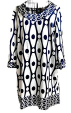 Vintage Antilia Femme Dress Large Midi White Navy Abstract Geometric Tunic Dots