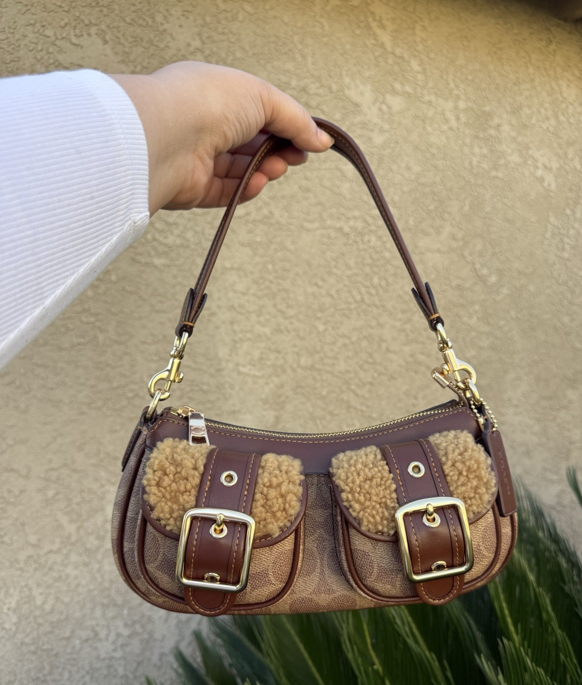 Coach Brown Shearling Buckle Shoulder Bag with Logo Pattern & Gold