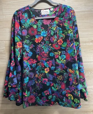 Linea by Louis Dell'Olio size 1X Black Floral Wildflower Tunic Bell Sleeve Top