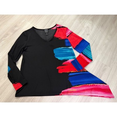 Clara Sun Woo Black Abstract Brushstroke Print V Neck Long Sleeve Top XS