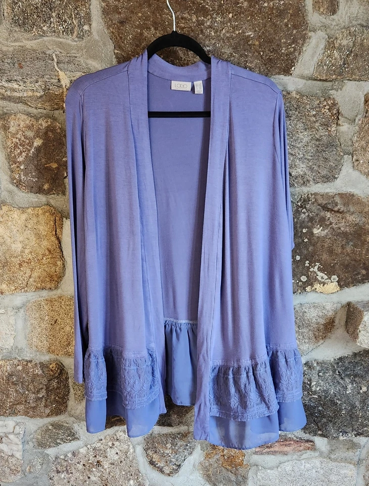 LOGO by Lori Goldstein Jersey Cardigan Chiffon Embroidery Hem Purple Size 1X