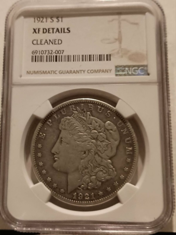 1921 $1 Morgan Silver Dollar ngc xf details, cleaned encased in a slab
