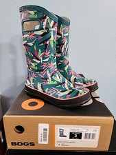Bogs Girls Pull On Rubber Rain Boots Kids Youth 3 Palm Pink Teal Waterproof EUC