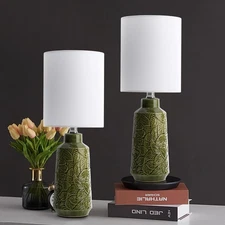 Ceramic Table Lamp Set of 2, 18" Modern Farmhouse Bedside Lamps with Leaf Pat...