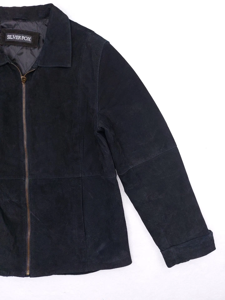 Chaqueta de gamuza de cuero vintage para mujer XL para hombre unisex plateada zorro motociclista negra Foto 3 de 4