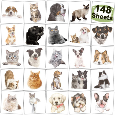 148 PCS Dog Cat Temporary Tattoos for Kids - 3D Individual Puppy Kitten Tattoos 
