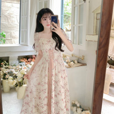 Women Floral Midi Tea Dress Puff Sleeve Lace Embroidery Cottagecore Ruffle Dress