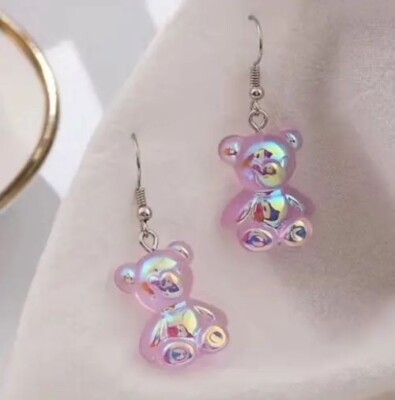 Purple Gummy Bear Cute Earrings, Womans Fashion Dangle Teddy Bear Style, Casual