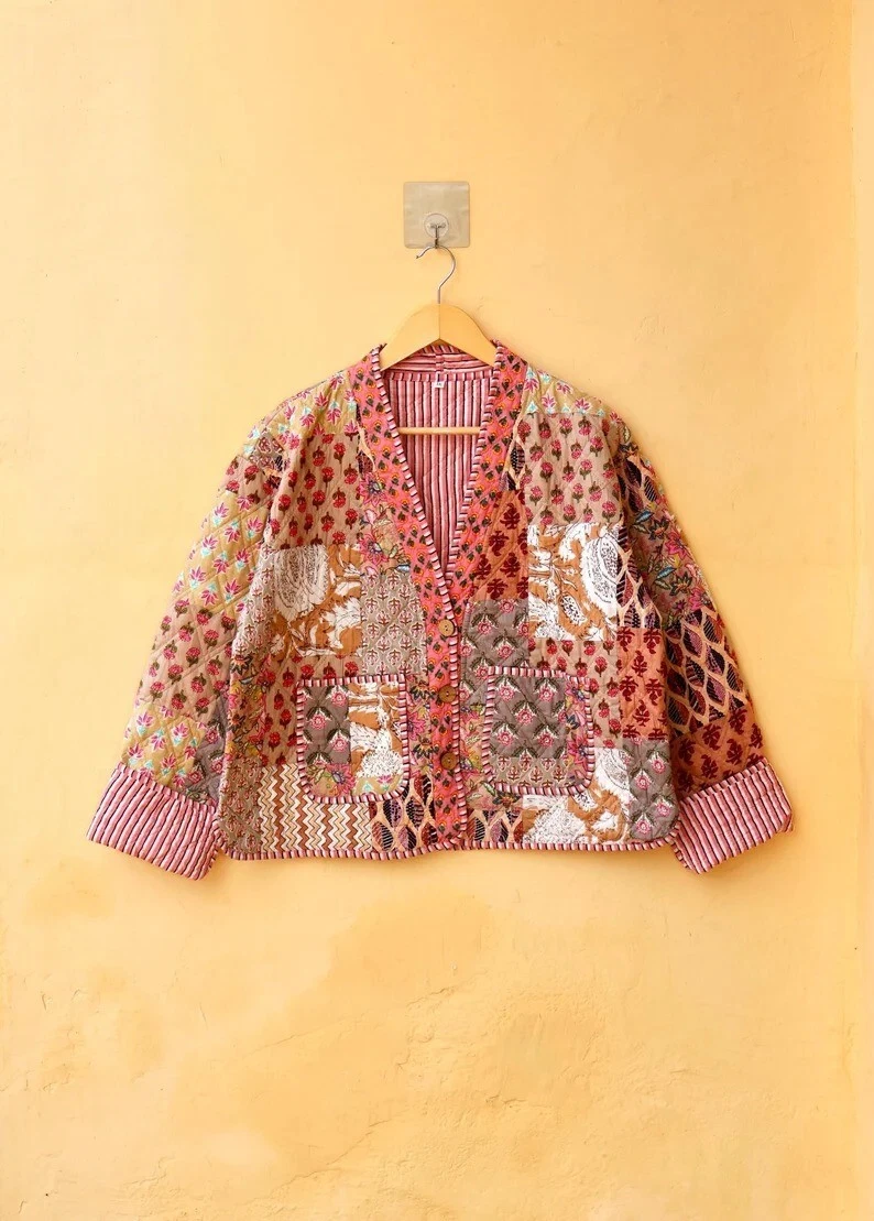 Indian Beige Patchwork 100% Cotton Quilted Unisex Jacket Women's Clothing Jacket