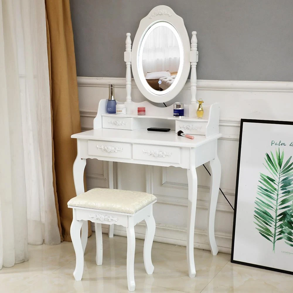 Vanity Table Round LED Light Mirror 4 Drawers Makeup Dressing Desk