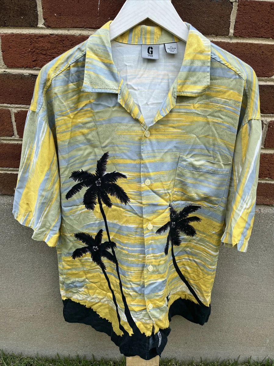 VTG Guess Jeans Palm Tree Print Rayon Button Short Sleeve Shirt Mens SizeXL