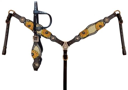 Showman Leather Headstall & Breast Collar Set w/ Sunflower Accents & Burlap