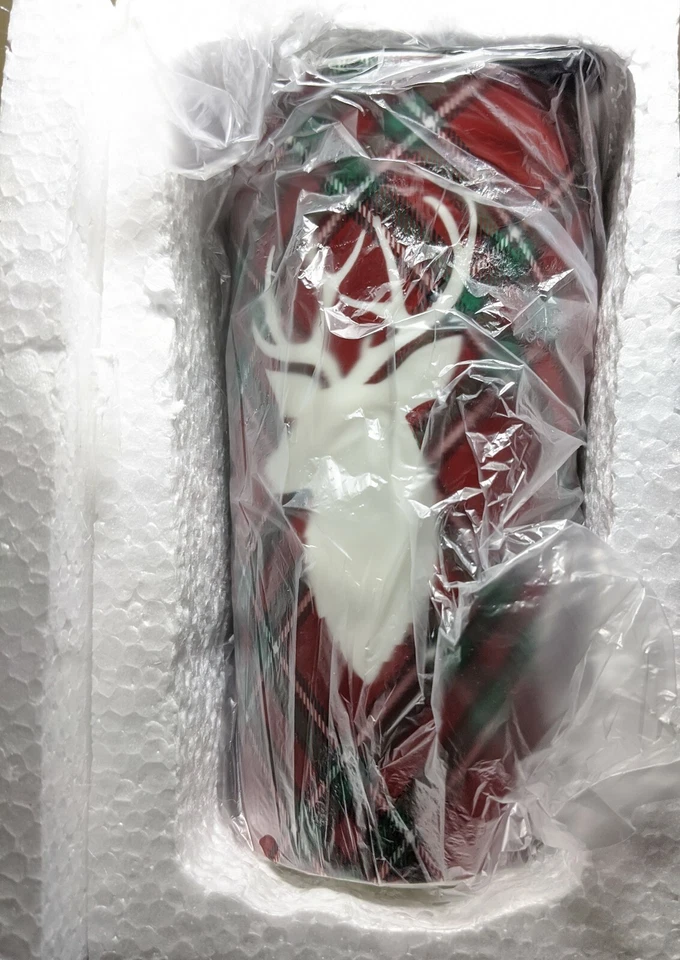 Taza de viaje de porcelana navideña de 19 oz con tapa de ciervo a cuadros café de plástico Navidad  Foto 3 de 4