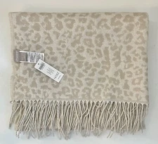 CHICO’S Snow Leopard Gold Metallic Threads Fringed Scarf Wrap 71” x 28” NWT!