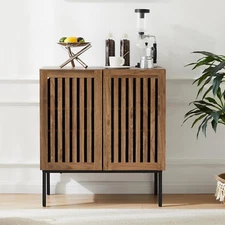 Grille Walnut Buffet Cabinet with Storage, Sideboards 2 Doors with Metal Base an