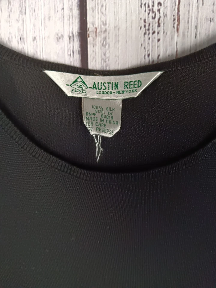 Top túnica vintage Austin Reed para mujer 1X 100 % seda negro manga corta  Foto 3 de 4