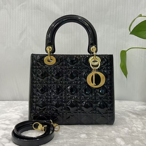 Dior Lady dior Black in Patent Leather  with Golden HW X395 AUTH