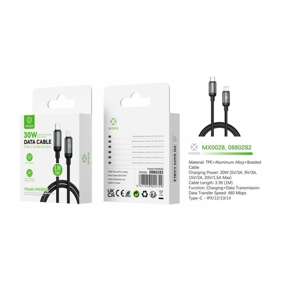 Woox Mx0028 Type C To Lightning Braided Data Cable, 30W, 3.3Ft 1M, Black - Image 2
