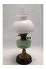 Vintage Oil Paraffin Table Lamp Green Glass Font With Milk Glass Shade 21.5" H