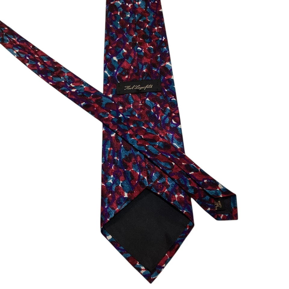 Corbata de seda para hombre KARL LAGERFELD diseñador EE. UU. geométrica borgoña/azul/blanco usada en excelente estado Foto 3 de 3