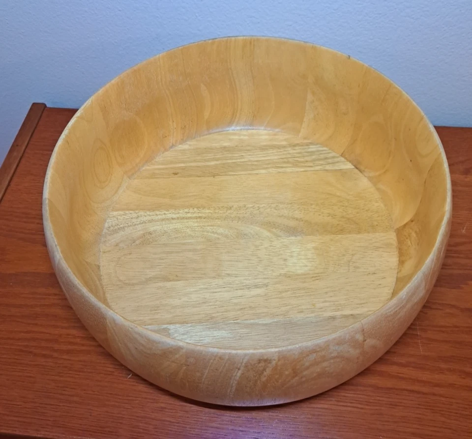 Large Solid Wood Bamboo? Serving Decor Bowl Straight Sides 14" x 5" 5 Lbs. Heavy - Image 2 of 4
