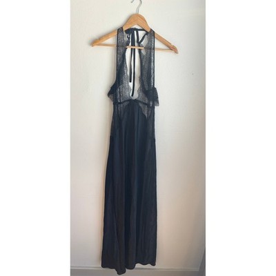 Victoria's Secret Black Satin Lace Halter Maxi Nightgown Slip Dress Large
