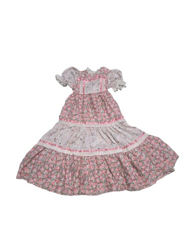 Vintage Peaches N Cream Dress Girls 4T Pink Brown Floral Smocked Ruffle Lace - Picture 2 of 4