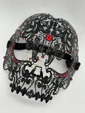 Black Laser Cut Metal Skull Masquerade Mask Red Rhinestones