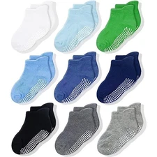 Non-Slip Multicolor Socks w/ Grippers, 9 Pack for Unisex for 1-3 Years Old