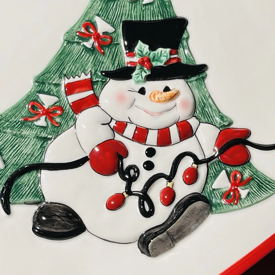 Квадратная тарелка для закусок Fitz and Floyd Classics Cheers Snowman Christmas Tree 8 дюймов - Изображение 3 из 4