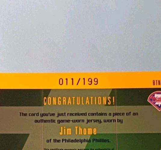 Jim Thome Game Used Card /199 Fleer 2003 Ex Behind The Numbers Phillies 2 Color - Image 3 of 4