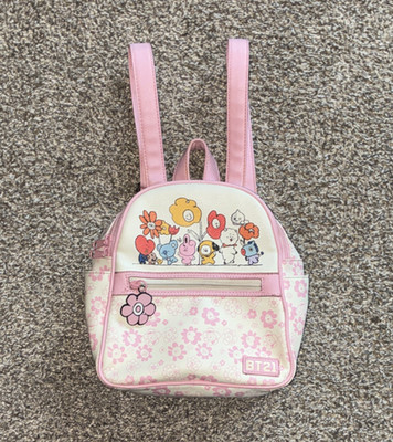 BT21 Mini Backpack Pink/White Floral Faux Leather Zip Adjustable Strap Charm