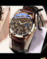 Geneva Men’s Quartz Analogue Watch 41mm Gold Case Black/Blue Dial Brown Strap