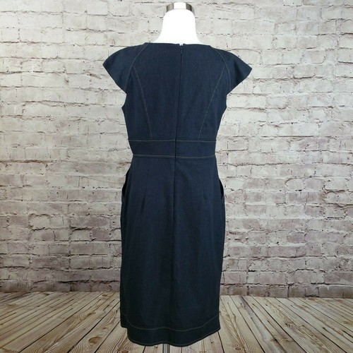 Sandra Darren 8 Sheath Midi Dress Blue Denim Cap Sleeve Stretch Chain Pockets - Picture 12 of 12