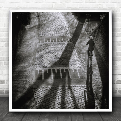 Street Stones Shadow Cyclist B&W Tree Person Bike Bicycle Ride Square Kunstdruck
