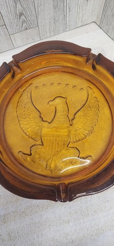 Vintage American Eagle w/ Shield 10" Heavy Amber Glass Large Ashtray Indiana - Picture 2 of 5