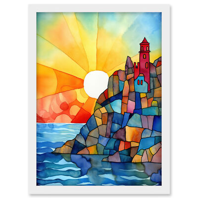 Sunset Coastal Cliffs Lighthouse Modern Folk Art Framed Art Picture Print A3