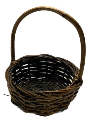 Woven Basket 8.5  Round 6.25  Handle Drop 4  Tall Brown Handmade