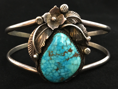 Sterling Silver Turquoise Cuff Bracelet Signed "MS" Embossed Floral Vintage