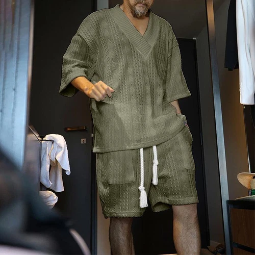 2 Piece Knitted Summer Rolled Sleeve Short sleeve Set Shirt and Shorts Set Men - Bild 30 von 30